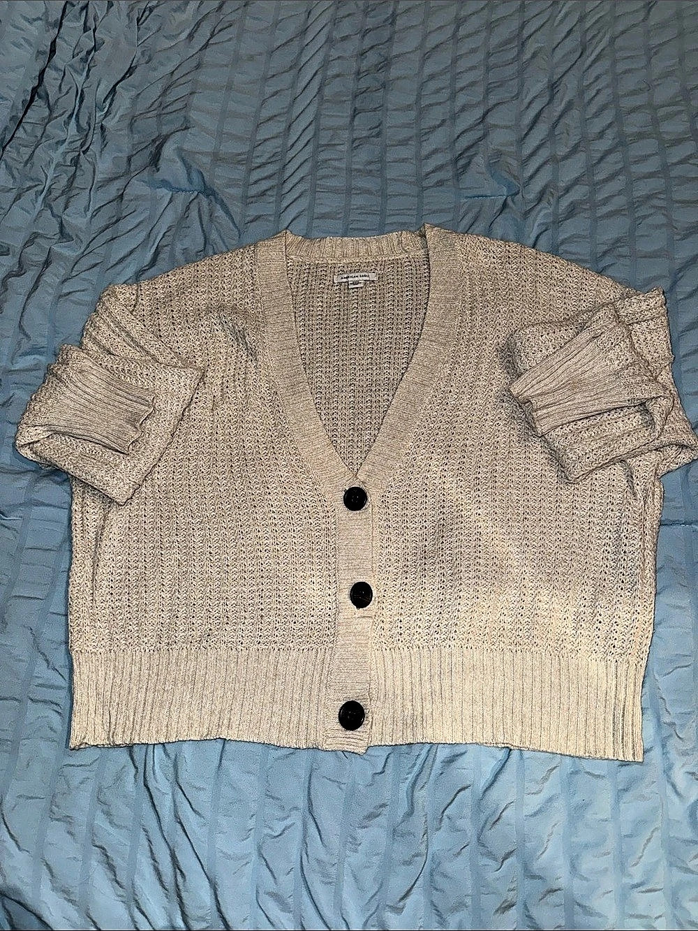 American Eagle AE Waffle Knit Button-Front Cardigan Beige